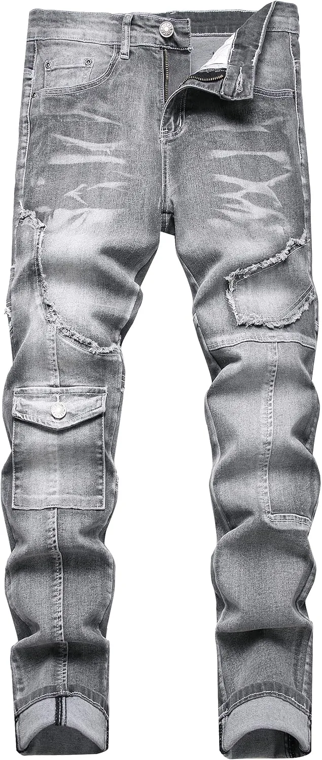 XIMXIMMTIAN Men's Biker Moto Washed Distressed Slim Fit Straight Jeans Denim…