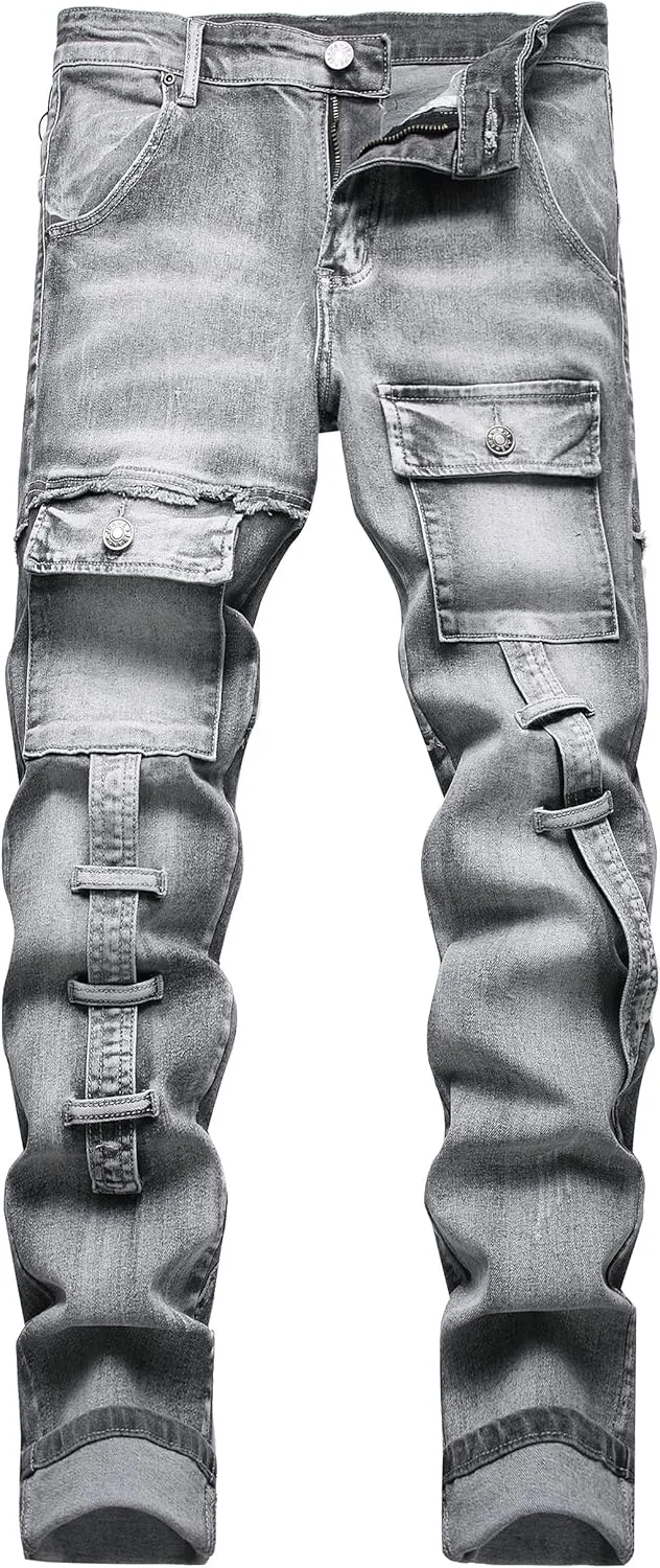 XIMXIMMTIAN Men's Biker Moto Washed Distressed Slim Fit Straight Jeans Denim…