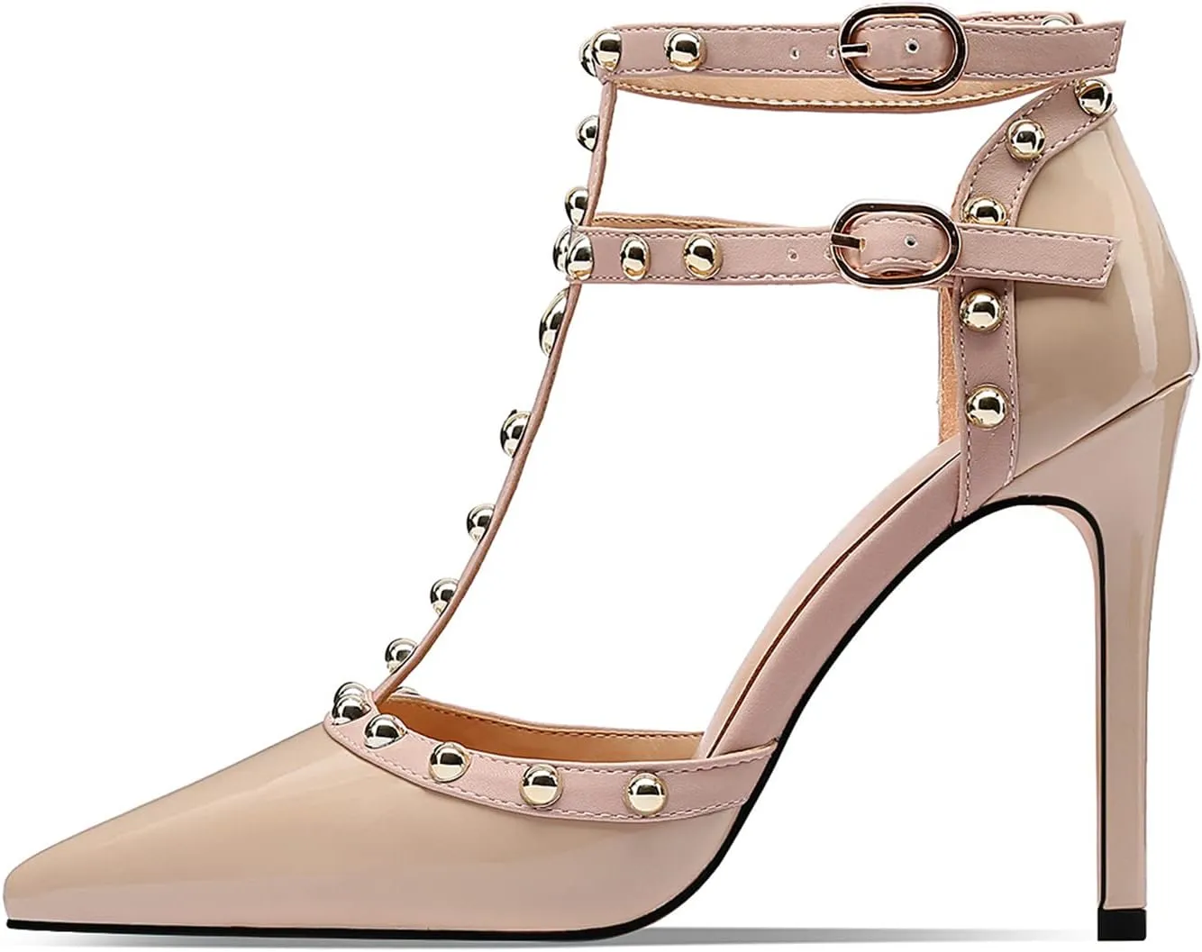 XINIUNIU Stiletto High Heels for Women Studded Heels with Studs Pumps 4 Inch Heeled Sandals Sexy Pointed Toe Ankle-strap Patent Leather Dress Wedding Shoes