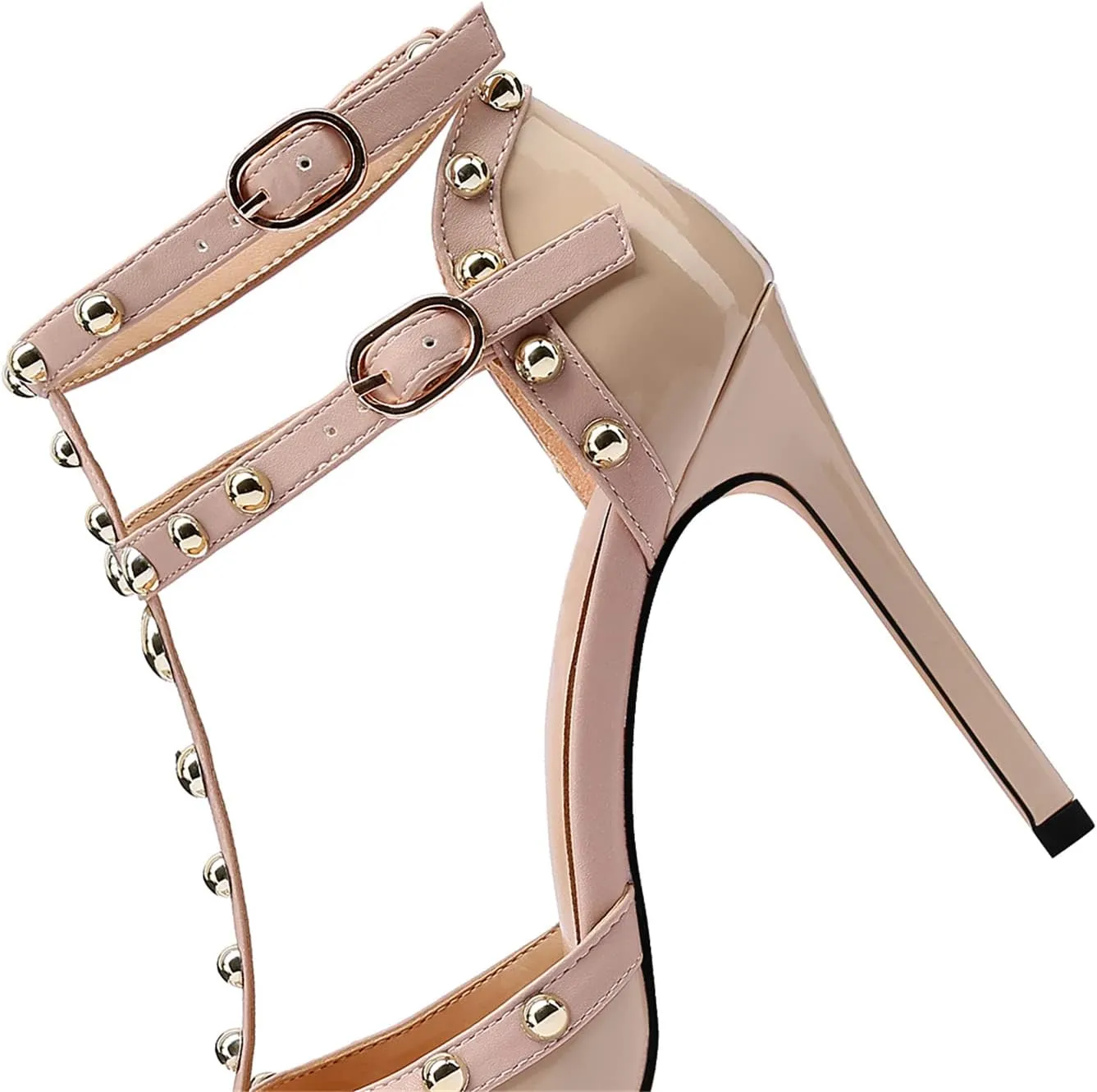 XINIUNIU Stiletto High Heels for Women Studded Heels with Studs Pumps 4 Inch Heeled Sandals Sexy Pointed Toe Ankle-strap Patent Leather Dress Wedding Shoes