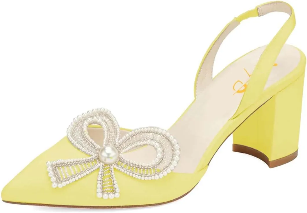 XYD Women Braided Bow Pointed Toe Pumps Mid Chunky Heel Slingback Sandals Pearls Studded Evening Wedding Shoes