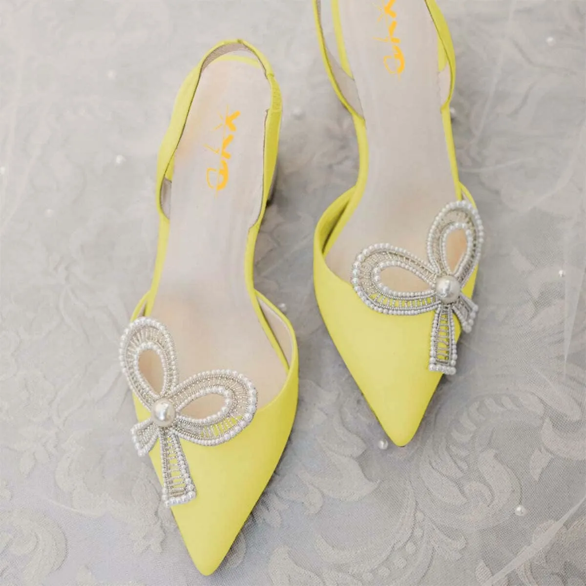XYD Women Braided Bow Pointed Toe Pumps Mid Chunky Heel Slingback Sandals Pearls Studded Evening Wedding Shoes