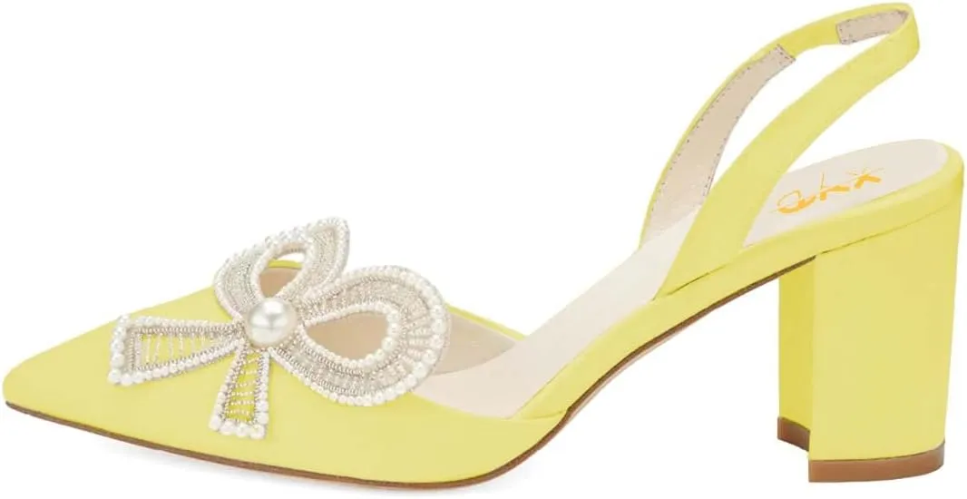 XYD Women Braided Bow Pointed Toe Pumps Mid Chunky Heel Slingback Sandals Pearls Studded Evening Wedding Shoes