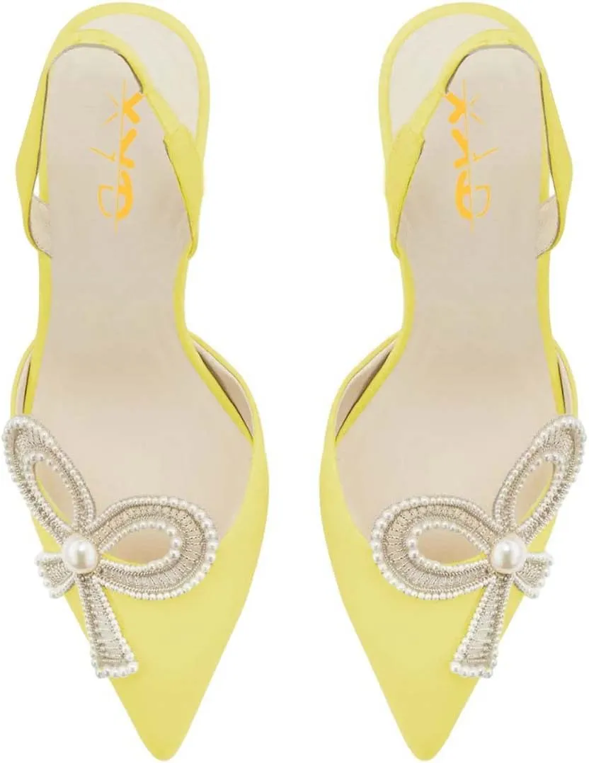 XYD Women Braided Bow Pointed Toe Pumps Mid Chunky Heel Slingback Sandals Pearls Studded Evening Wedding Shoes
