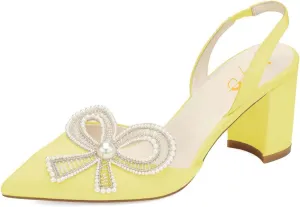 XYD Women Braided Bow Pointed Toe Pumps Mid Chunky Heel Slingback Sandals Pearls Studded Evening Wedding Shoes