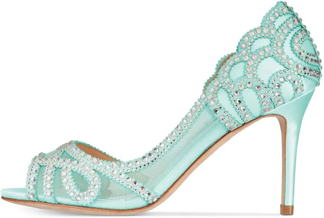 XYD Women Graceful Peep Toe Half D'Orsay Mesh Pumps Crystal Studded Slip On High Heels Wedding Bride Dress Shoes