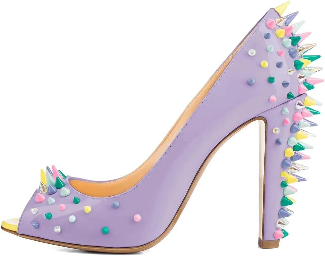 XYD Women Sexy Peep Toe Rivets Studded Slip On Pumps High Chunky Heel Nightclub Retro Party Dress Shoes