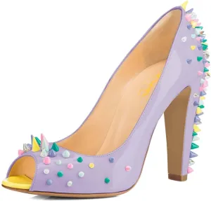 XYD Women Sexy Peep Toe Rivets Studded Slip On Pumps High Chunky Heel Nightclub Retro Party Dress Shoes
