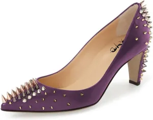 XYD Women Spikes Mid Heel Studded Pumps Pointed Closed Toe Rivets Slip On Edgy Party Dress Shoes