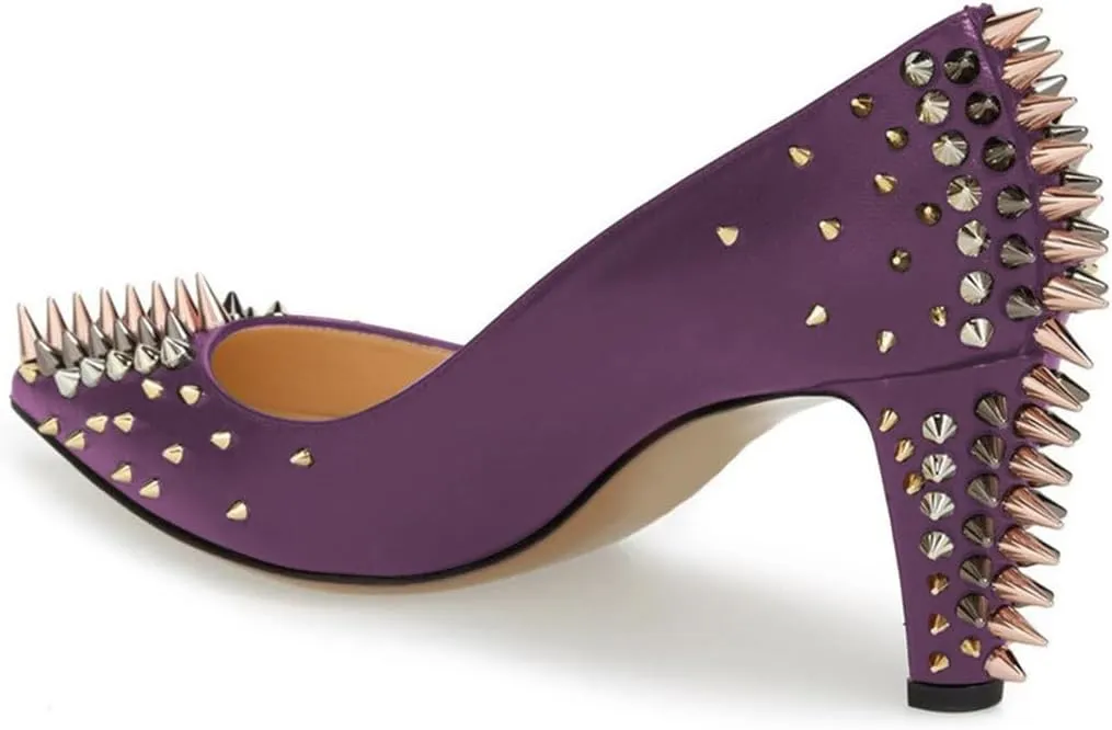 XYD Women Spikes Mid Heel Studded Pumps Pointed Closed Toe Rivets Slip On Edgy Party Dress Shoes