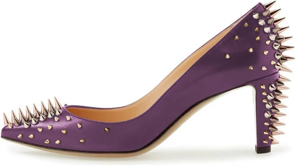 XYD Women Spikes Mid Heel Studded Pumps Pointed Closed Toe Rivets Slip On Edgy Party Dress Shoes