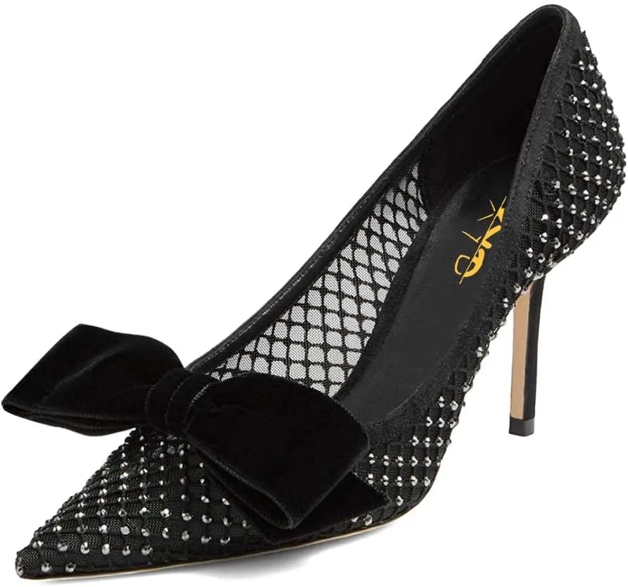 XYD Women's Chic Pointed Toe Evening Shoes High Heels Mesh Breathable Shiny Rhinestones Stiletto Checkered Office Lady Slip On Formal Dress Wedding Pumps