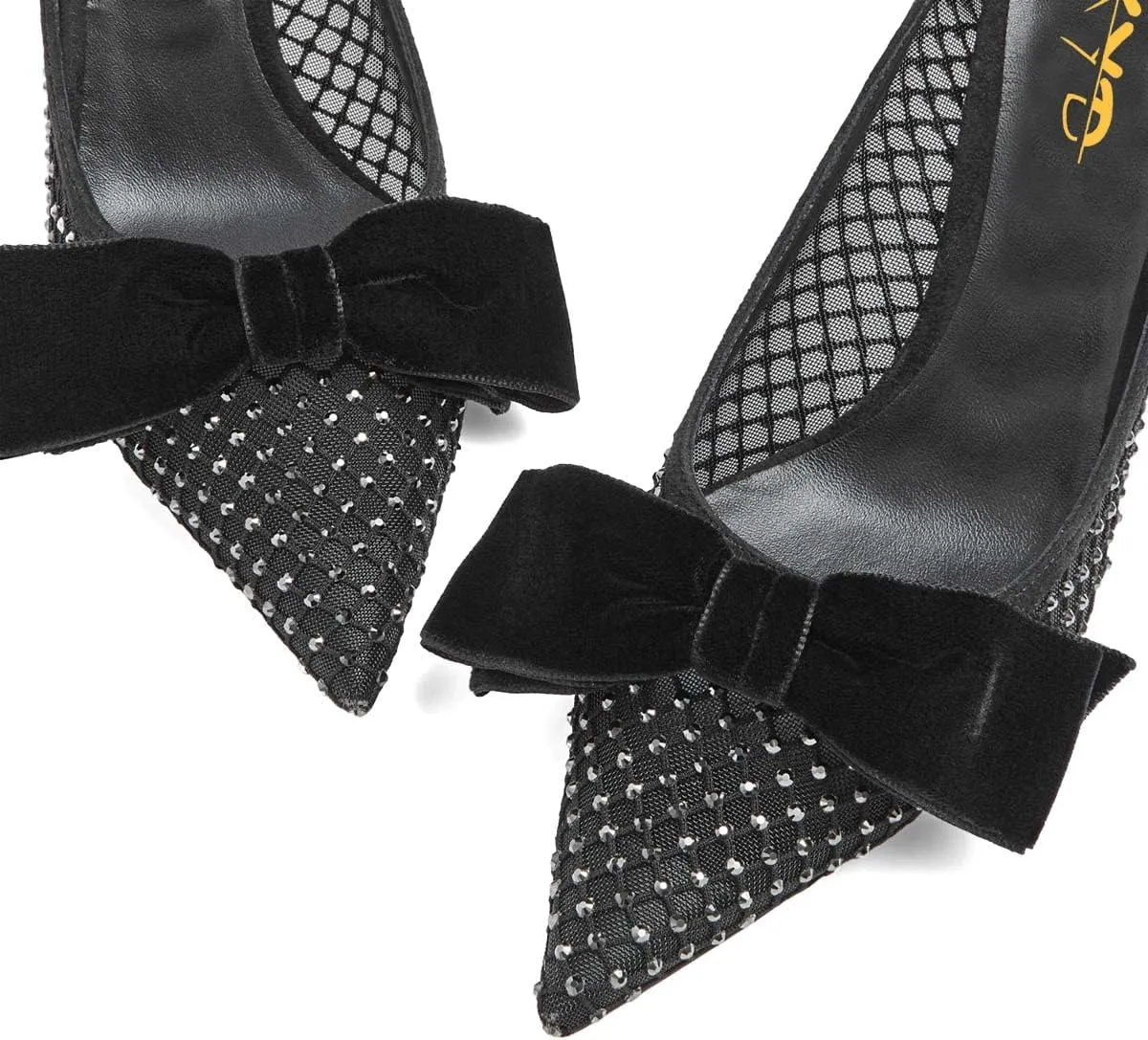 XYD Women's Chic Pointed Toe Evening Shoes High Heels Mesh Breathable Shiny Rhinestones Stiletto Checkered Office Lady Slip On Formal Dress Wedding Pumps