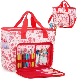 Yarn Storage Organizer Travel Crochet Bag, Large Capacity Tote Bag Knitting Bag for Carrying Projects, Knitting Needles, Crochet Hooks and Yarn, Red Dandelion