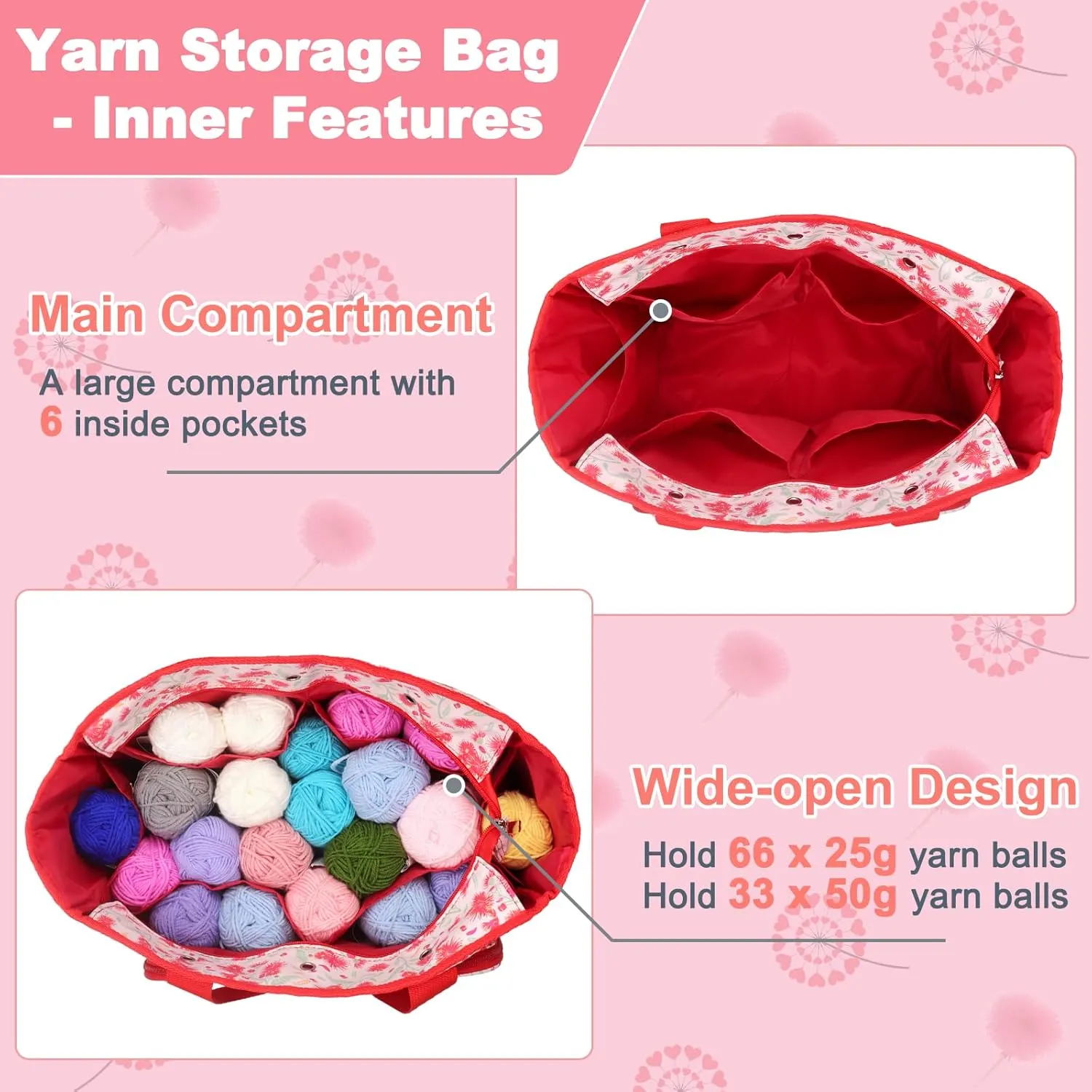 Yarn Storage Organizer Travel Crochet Bag, Large Capacity Tote Bag Knitting Bag for Carrying Projects, Knitting Needles, Crochet Hooks and Yarn, Red Dandelion