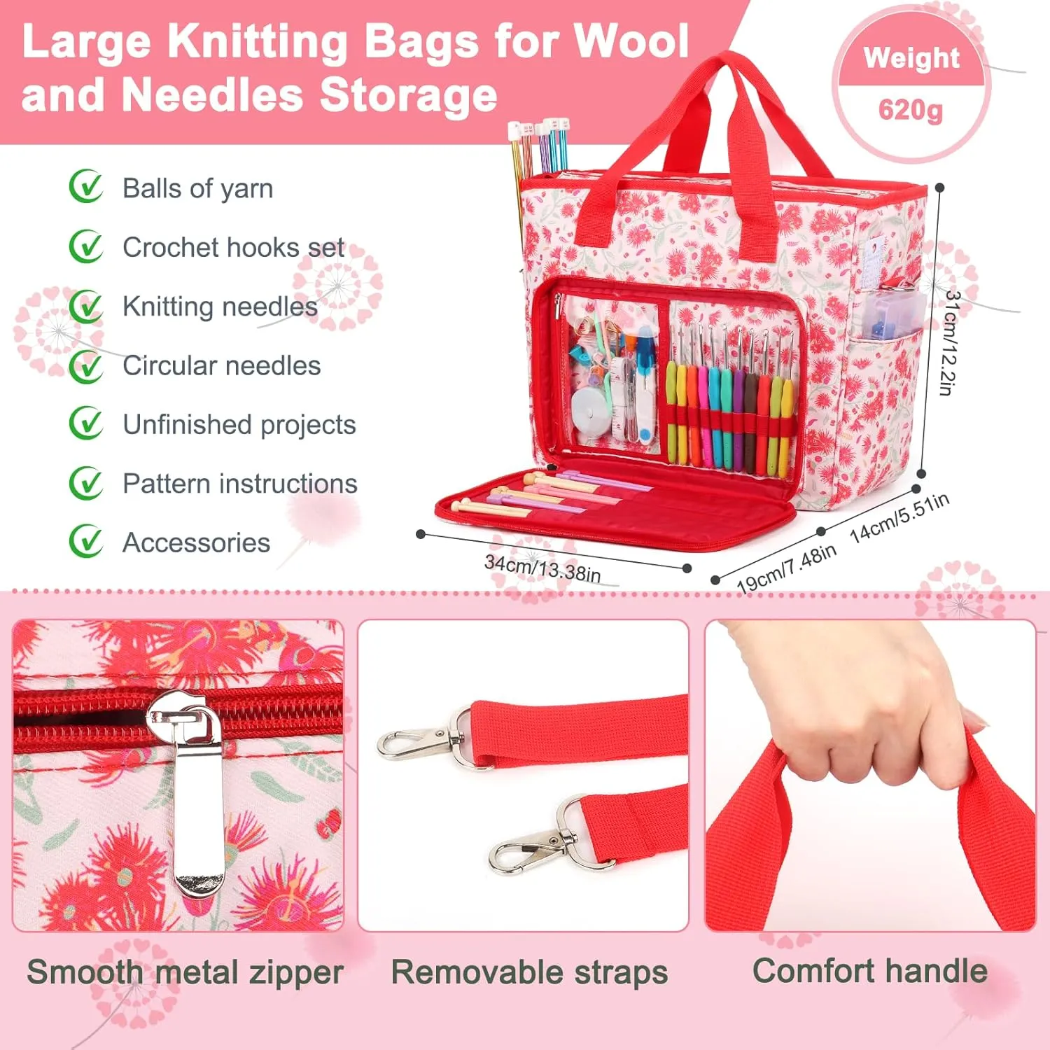 Yarn Storage Organizer Travel Crochet Bag, Large Capacity Tote Bag Knitting Bag for Carrying Projects, Knitting Needles, Crochet Hooks and Yarn, Red Dandelion