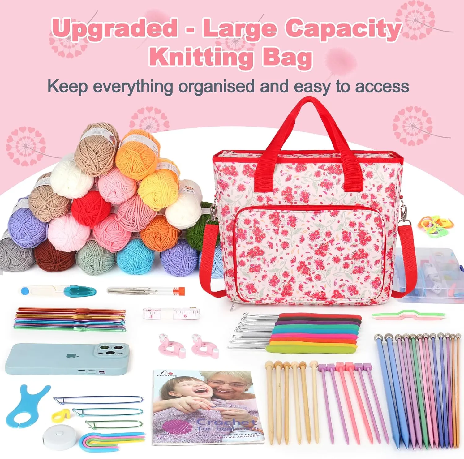 Yarn Storage Organizer Travel Crochet Bag, Large Capacity Tote Bag Knitting Bag for Carrying Projects, Knitting Needles, Crochet Hooks and Yarn, Red Dandelion