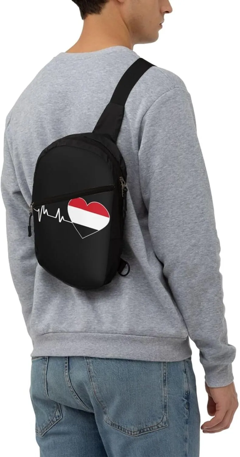 Yemen Yemeni Yemenian Flag Hearts Beats Crossbody Bag Portable Sling Bags Foldable Chest Daypack Reusable Sports Shoulder Backpack Diagonally Casual Rucksack Travel Bag