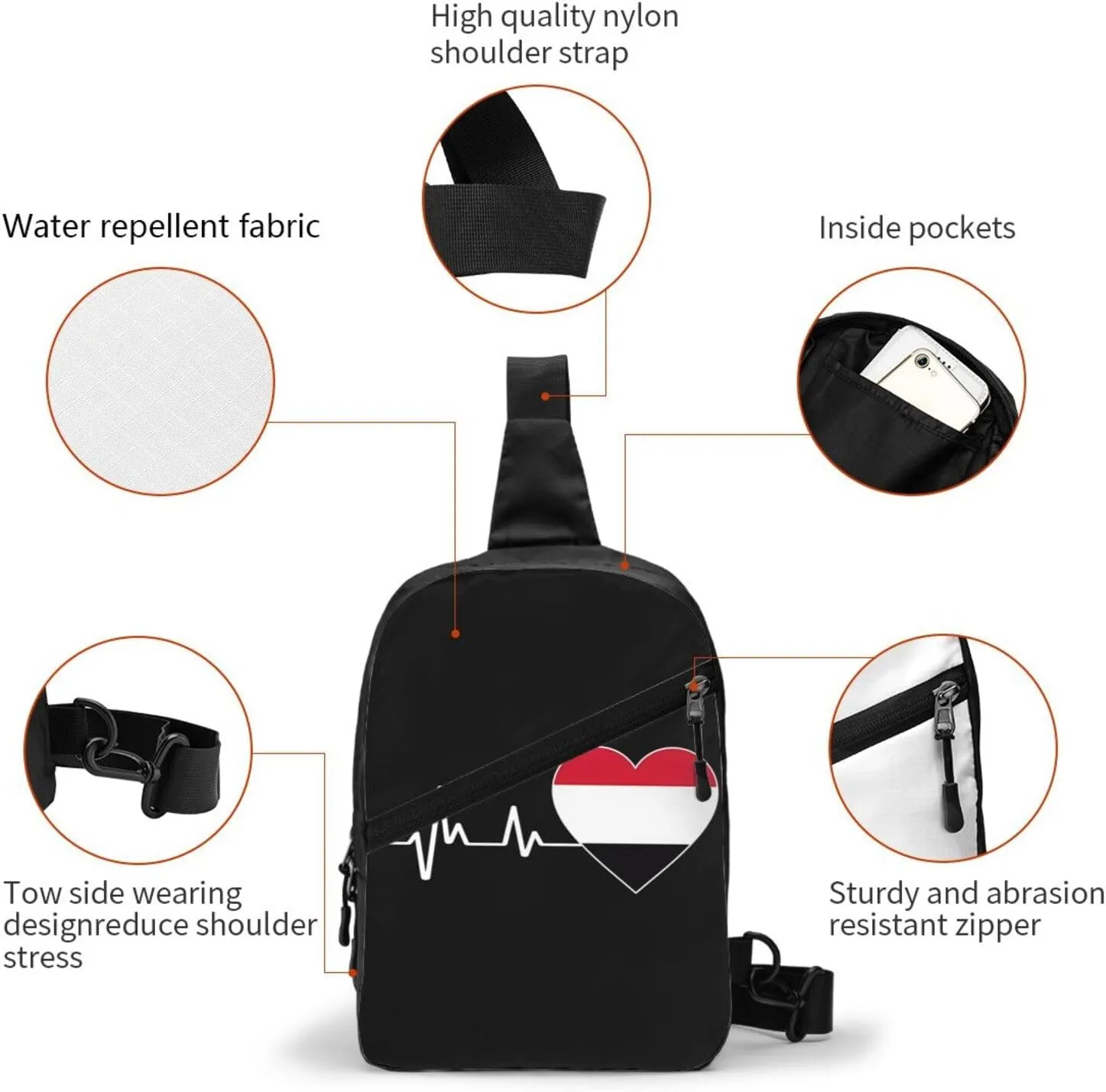 Yemen Yemeni Yemenian Flag Hearts Beats Crossbody Bag Portable Sling Bags Foldable Chest Daypack Reusable Sports Shoulder Backpack Diagonally Casual Rucksack Travel Bag