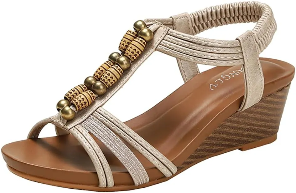 Yenktwei Women’s Wedge Sandals Dressy Bohemian Open Toe Sandals for Women Comfortable Ankle Strap Shoes