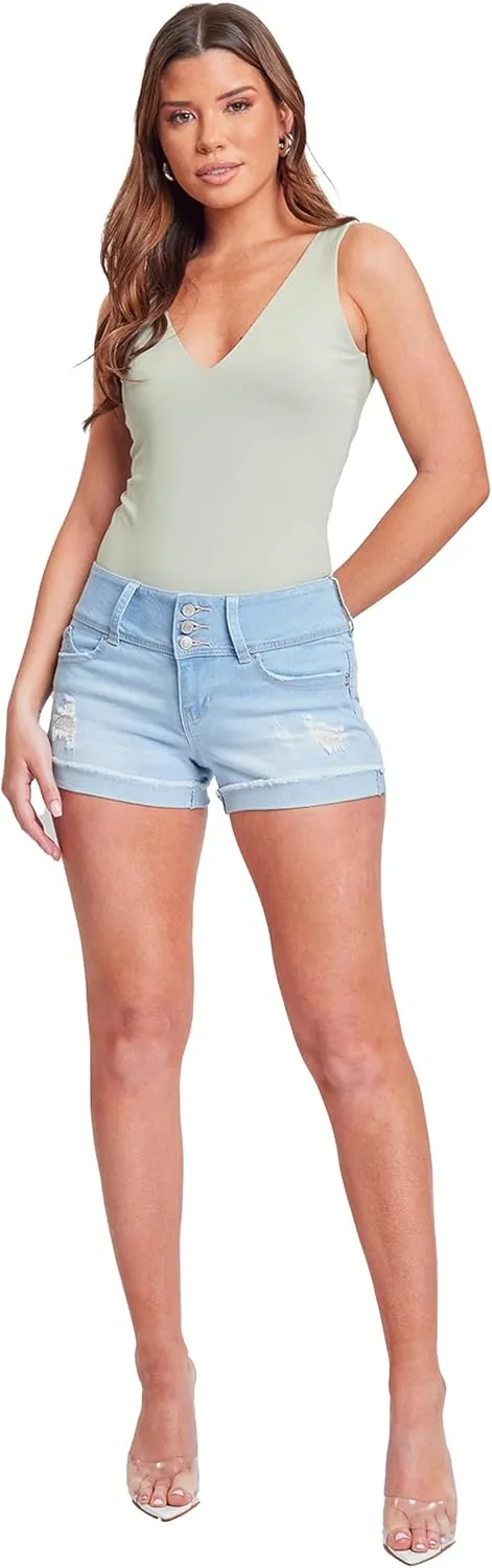 YMI Women's Junior Wannabettabutt 3 Button Mid-Rise Cuffed Lightly Distressed Denim Short
