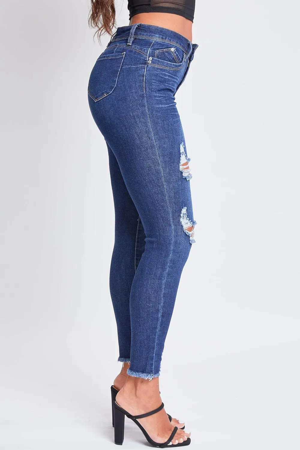 YMI Women's Junior Wannabettabutt Repreve Mid-Rise Ankle Jeans with Frayed Hem
