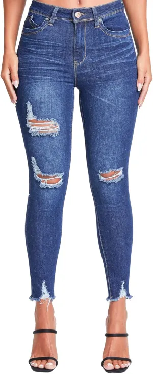 YMI Women's Junior Wannabettabutt Repreve Mid-Rise Ankle Jeans with Frayed Hem