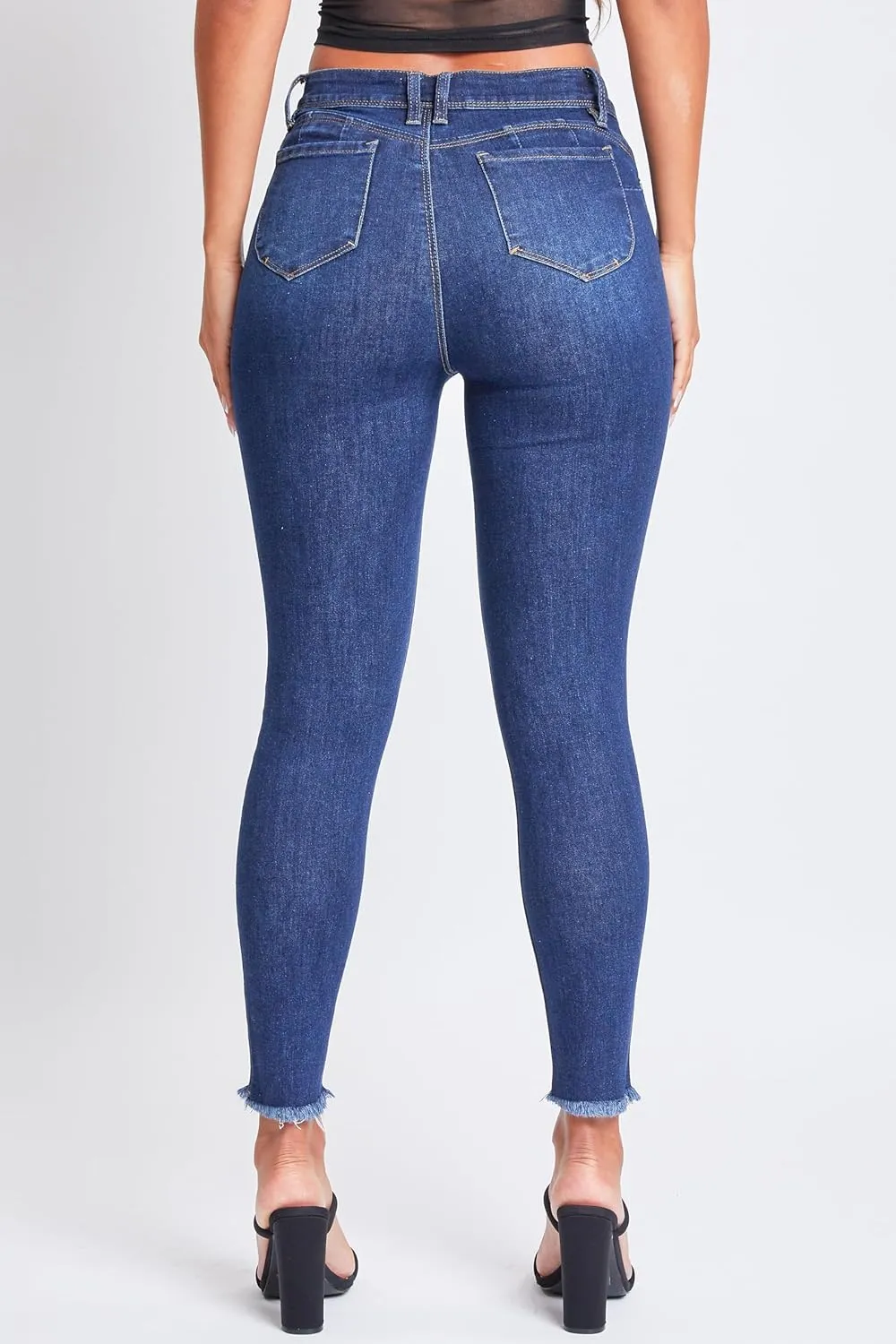 YMI Women's Junior Wannabettabutt Repreve Mid-Rise Ankle Jeans with Frayed Hem