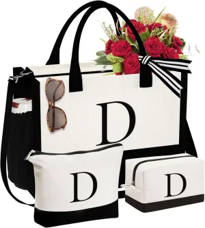 YOOLIFE Initial Canvas Tote Bag & Makeup Bag, Personalized Birthday Gifts for Women Mom Daughter Sister Friends Teacher, Bridesmaid Wedding Gifts