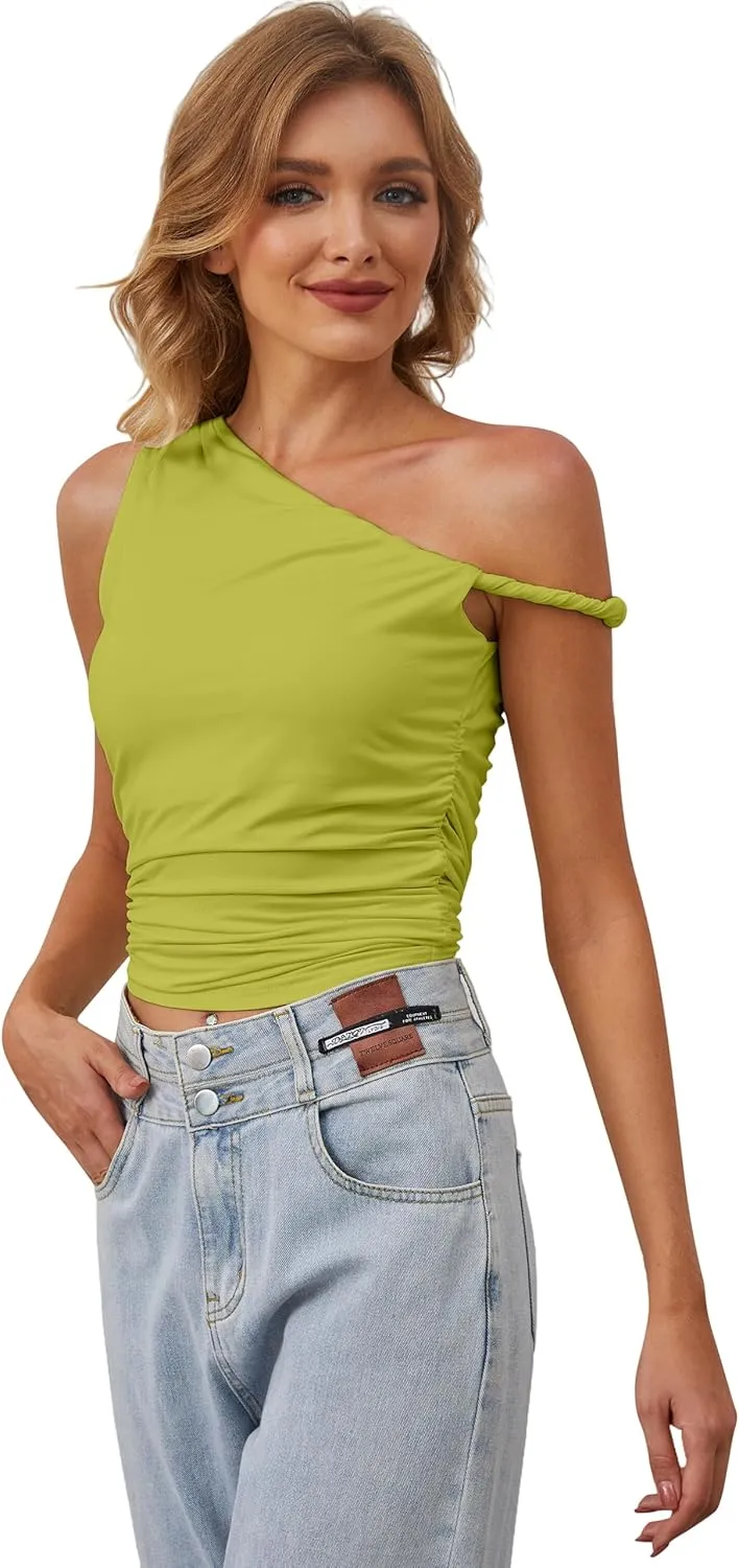 Ythomm Women One Shoulder Ruched Crop Tank Tops Casual Off The Shoulder Twist Strap Summer Tanks Tops Going Out Crop Shirts