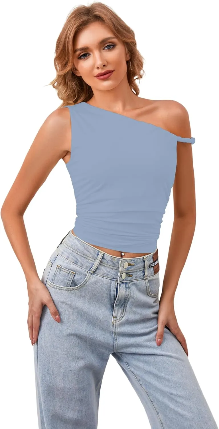 Ythomm Women One Shoulder Ruched Crop Tank Tops Casual Off The Shoulder Twist Strap Summer Tanks Tops Going Out Crop Shirts
