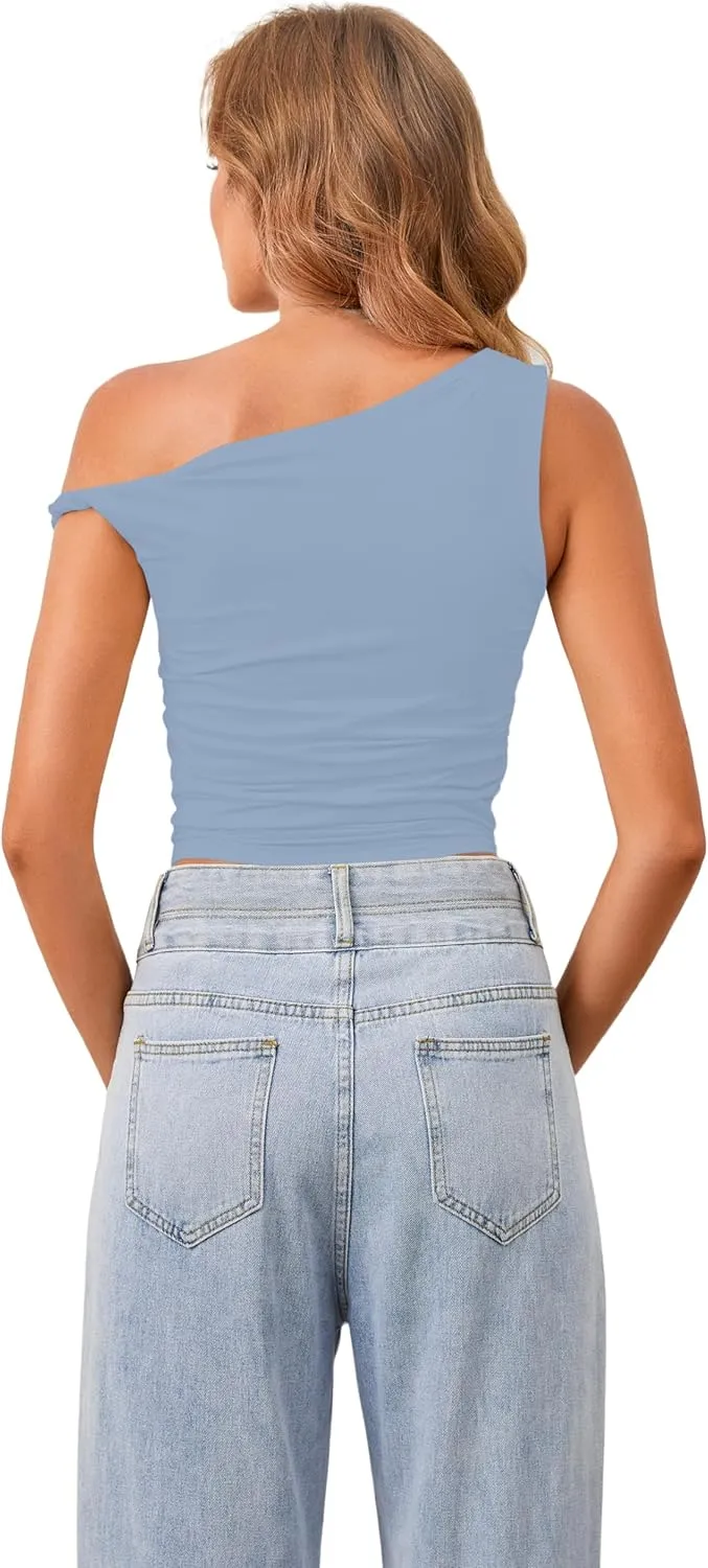 Ythomm Women One Shoulder Ruched Crop Tank Tops Casual Off The Shoulder Twist Strap Summer Tanks Tops Going Out Crop Shirts
