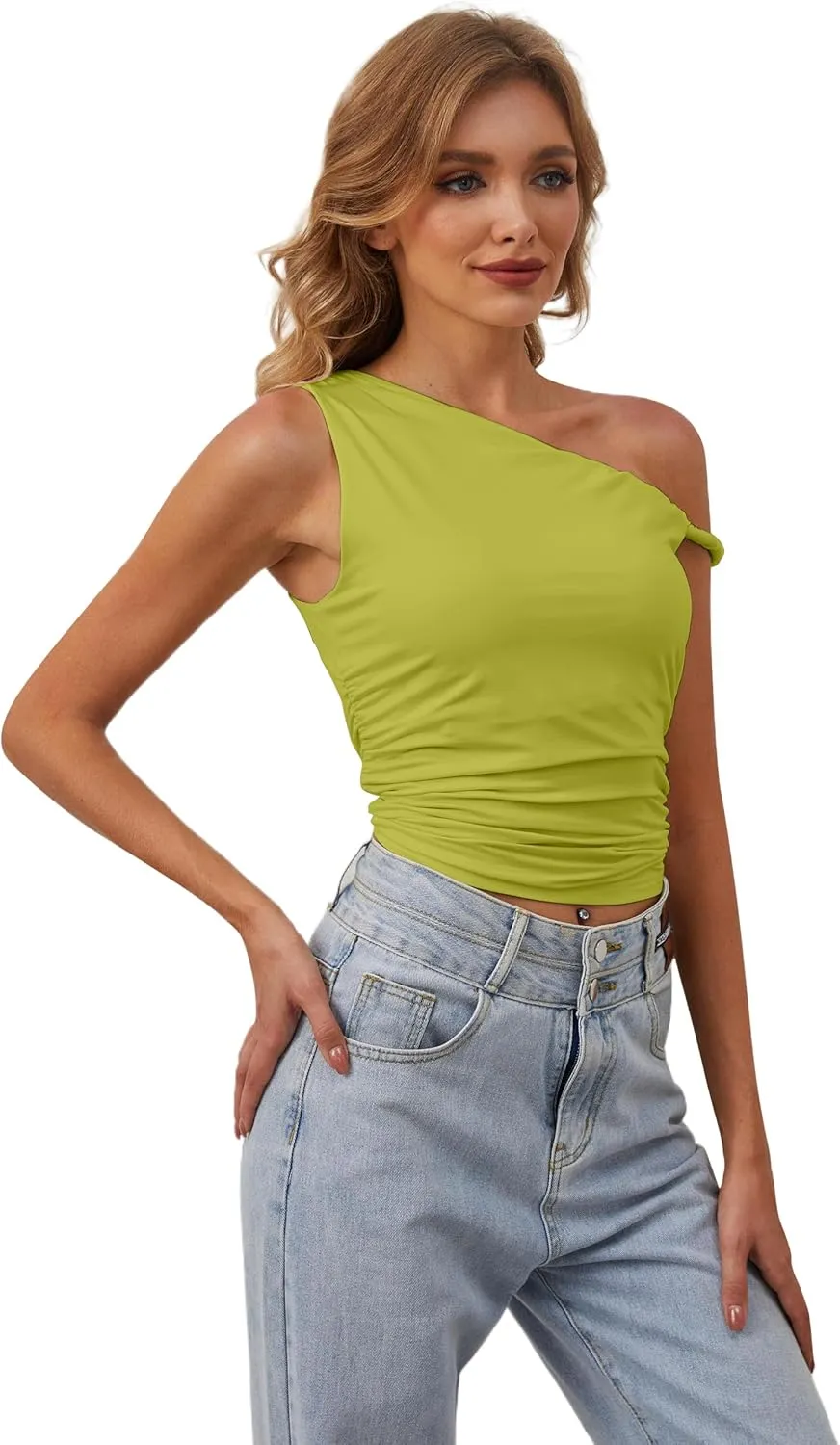 Ythomm Women One Shoulder Ruched Crop Tank Tops Casual Off The Shoulder Twist Strap Summer Tanks Tops Going Out Crop Shirts