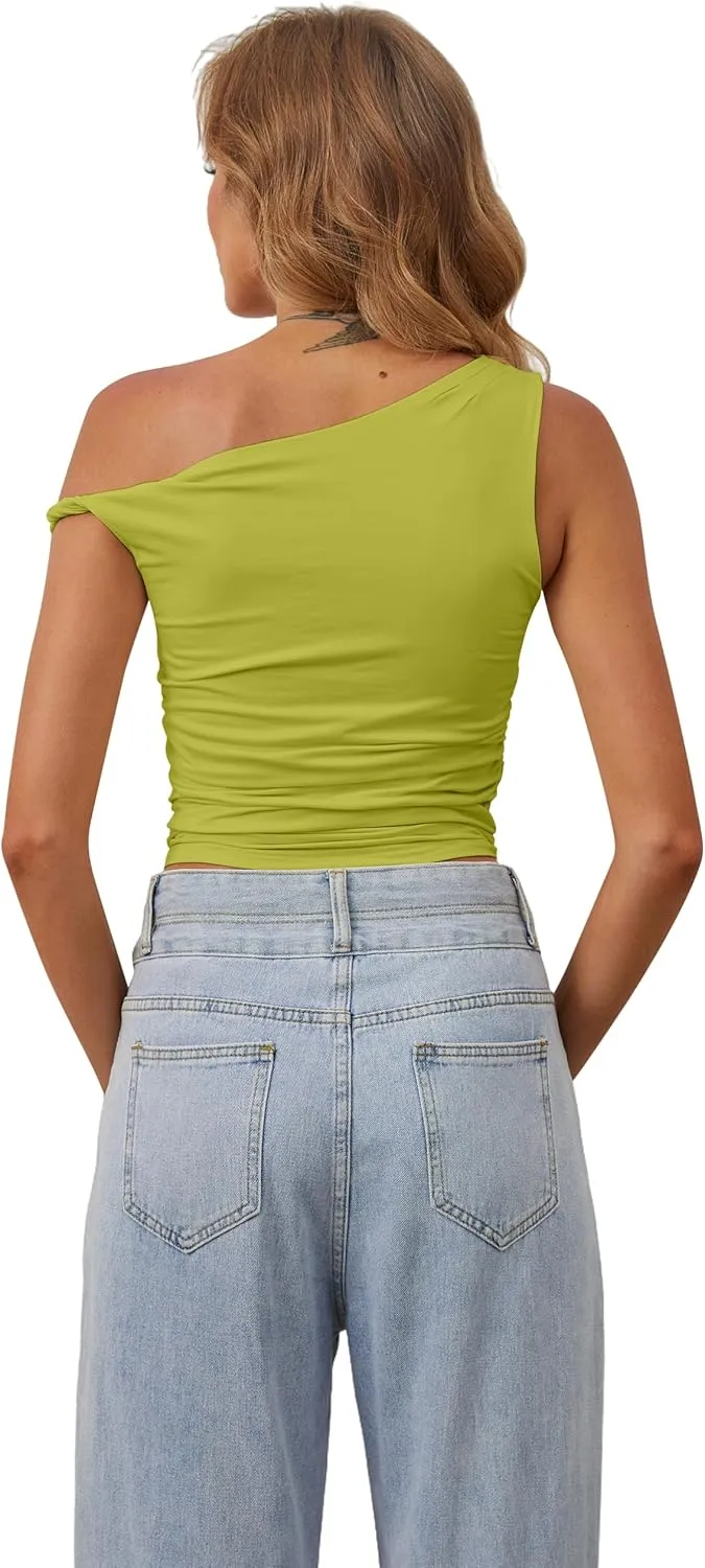 Ythomm Women One Shoulder Ruched Crop Tank Tops Casual Off The Shoulder Twist Strap Summer Tanks Tops Going Out Crop Shirts