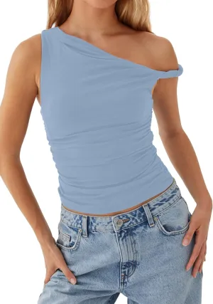 Ythomm Women One Shoulder Ruched Crop Tank Tops Casual Off The Shoulder Twist Strap Summer Tanks Tops Going Out Crop Shirts