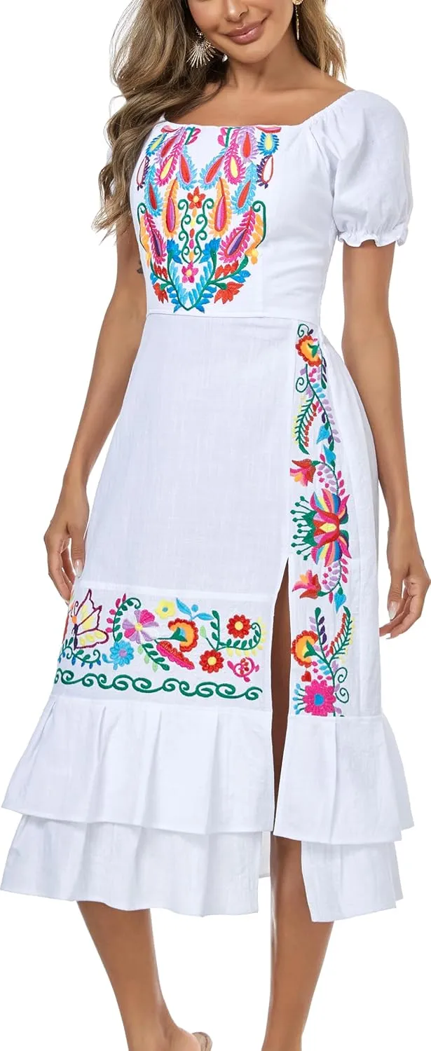 YZXDORWJ Mexican Dress for Women Boho Embroidered Sexy Ruffle Maxi Dress Short Sleeve Summer Beach Swing Wedding Party Dress