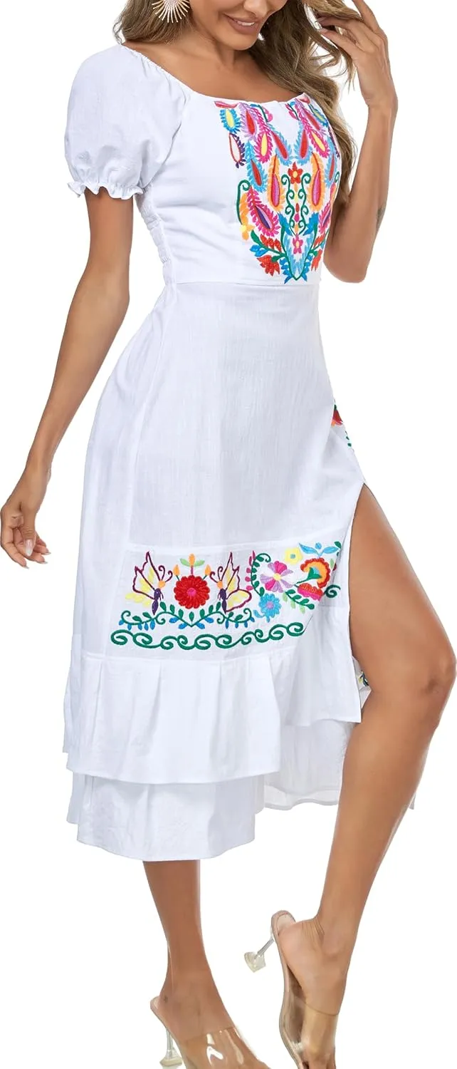 YZXDORWJ Mexican Dress for Women Boho Embroidered Sexy Ruffle Maxi Dress Short Sleeve Summer Beach Swing Wedding Party Dress