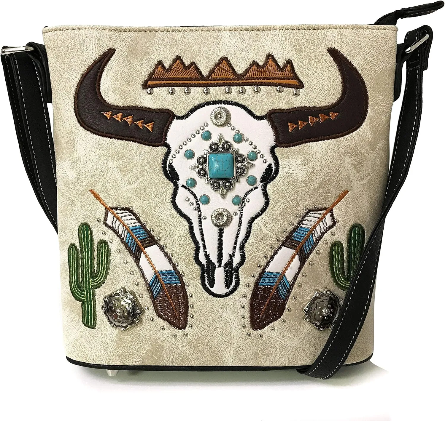 Zelris Longhorn Skull Embroidered Feather Cactus Design Women Concealed Carry Crossbody Messenger Bag