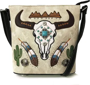 Zelris Longhorn Skull Embroidered Feather Cactus Design Women Concealed Carry Crossbody Messenger Bag
