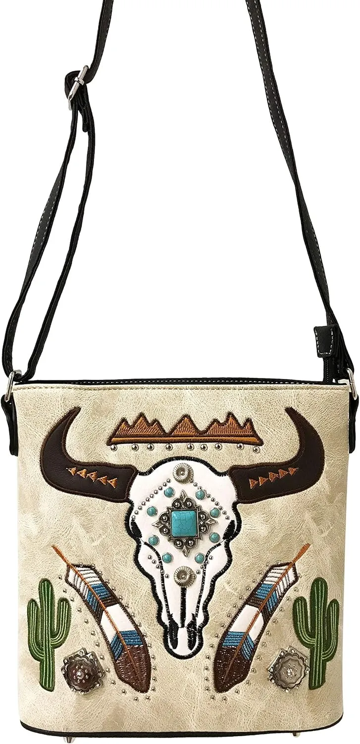 Zelris Longhorn Skull Embroidered Feather Cactus Design Women Concealed Carry Crossbody Messenger Bag
