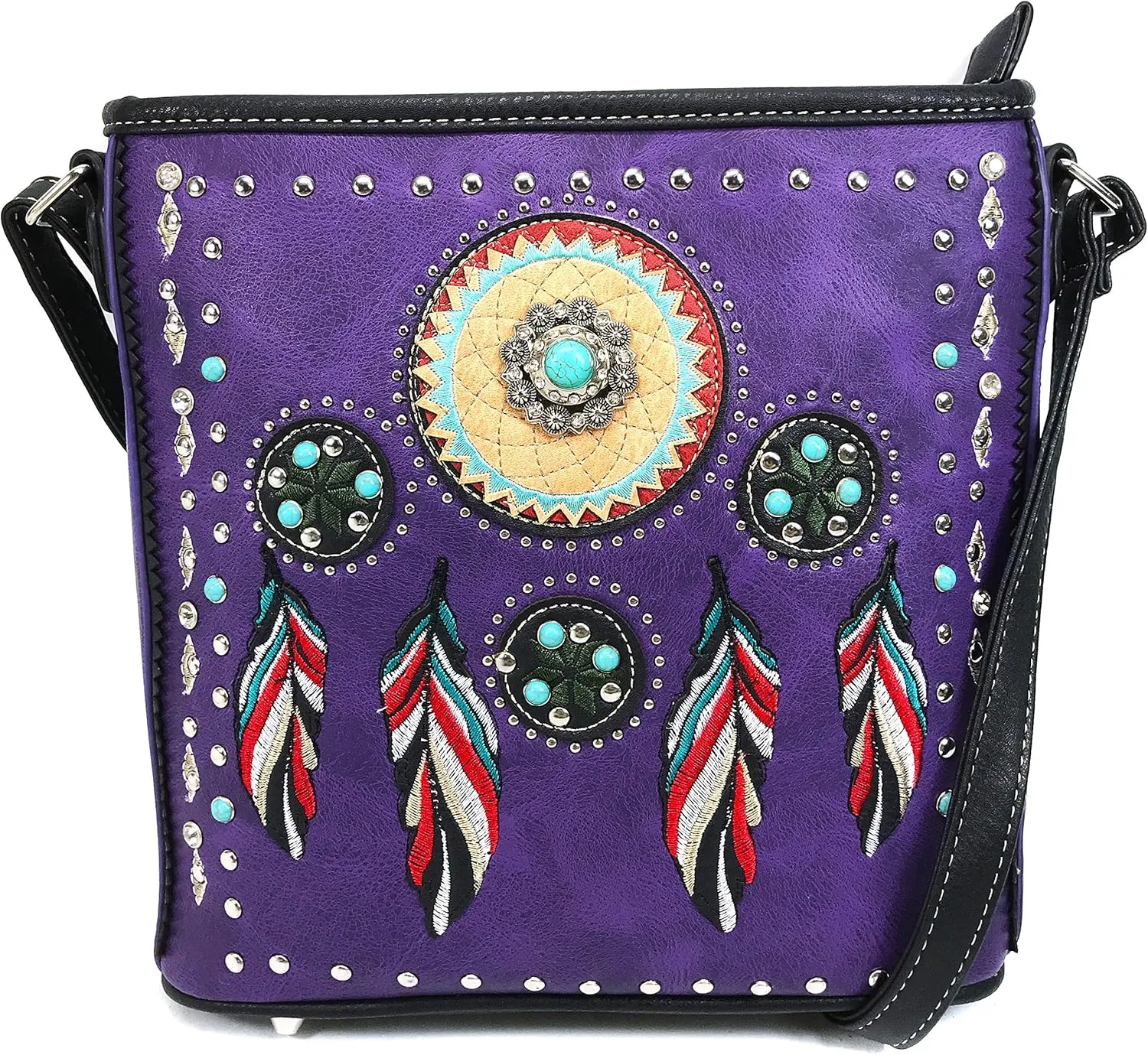 Zelris Tribal Dream Catcher Feather Embroidered Studded CCW Concealed Carry Shoulder Cross Body Western Indian Messenger Bag