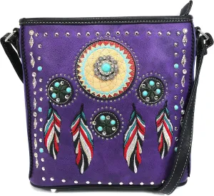 Zelris Tribal Dream Catcher Feather Embroidered Studded CCW Concealed Carry Shoulder Cross Body Western Indian Messenger Bag