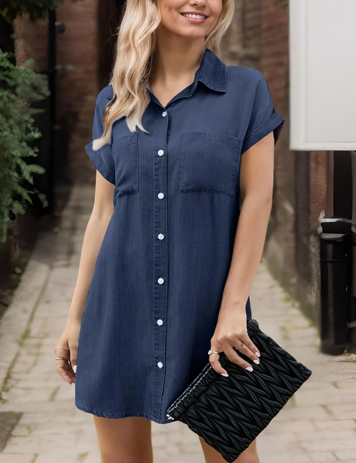 Zilcremo Women Denim Shirt Dresses Short Sleeve Distressed Jean Dress Button Down Casual Tunic Top