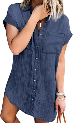 Zilcremo Women Denim Shirt Dresses Short Sleeve Distressed Jean Dress Button Down Casual Tunic Top