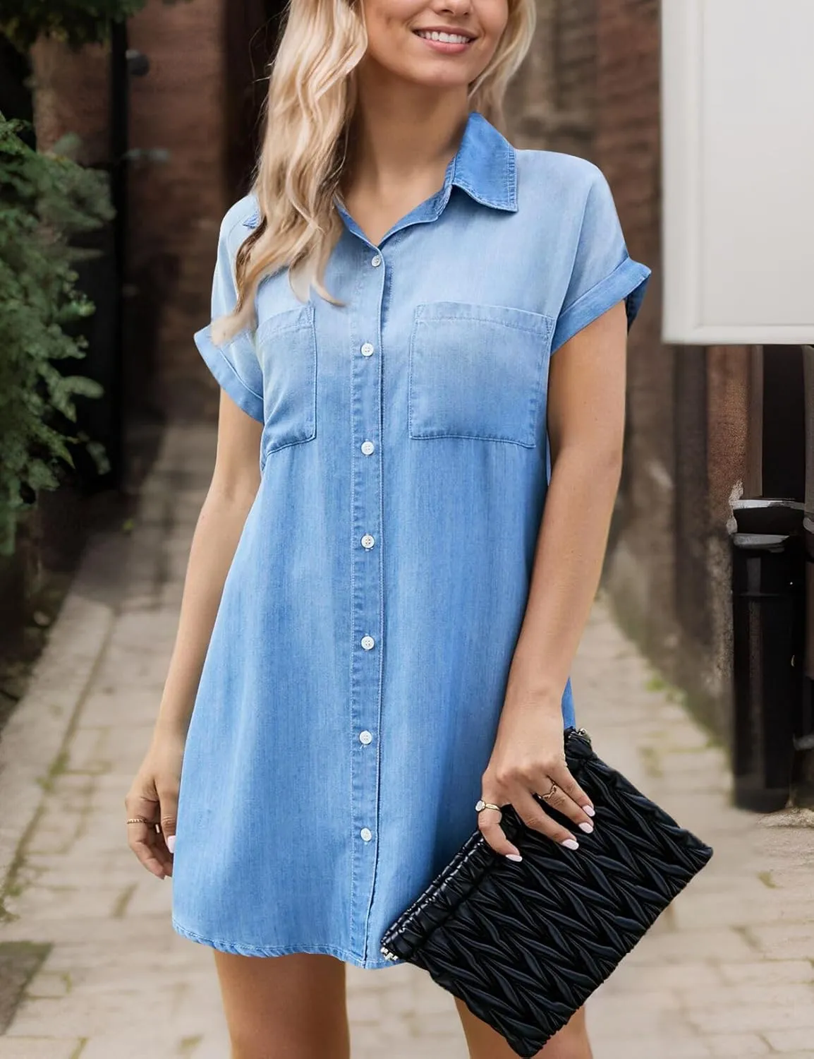 Zilcremo Women Denim Shirt Dresses Short Sleeve Distressed Jean Dress Button Down Casual Tunic Top