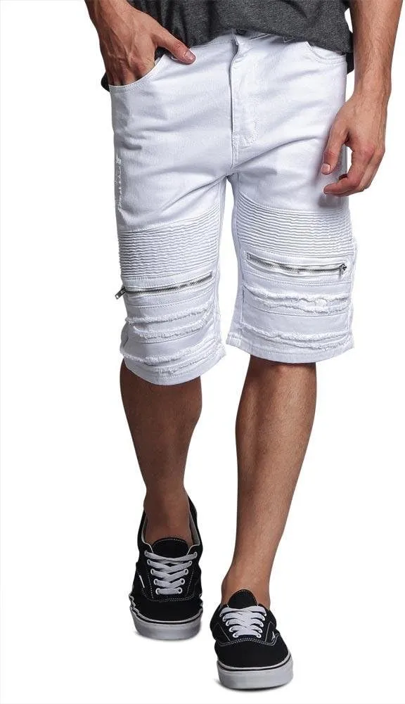 Zippered Biker Style Ribbed Moto Ripped Distressed Denim Jean Shorts