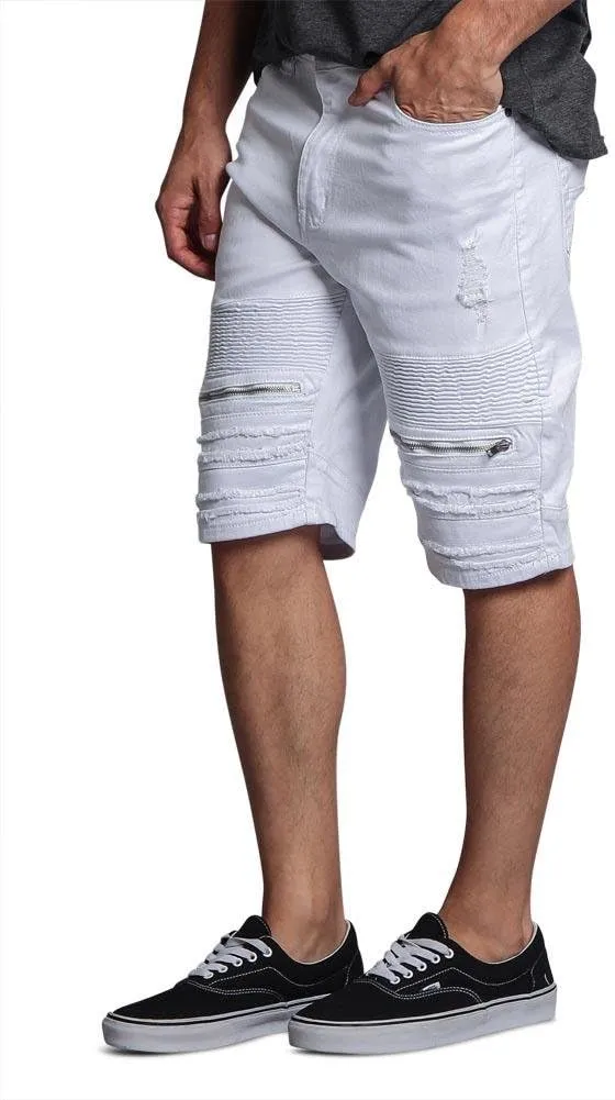 Zippered Biker Style Ribbed Moto Ripped Distressed Denim Jean Shorts