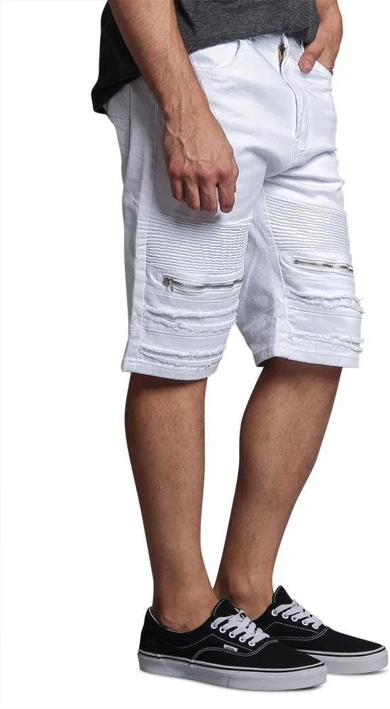 Zippered Biker Style Ribbed Moto Ripped Distressed Denim Jean Shorts