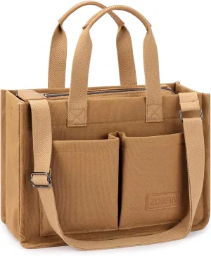ZORFIN Canvas Tote Bag for Women with Zipper and Compartments Crossbody Work Laptop Bag for Travel College Office