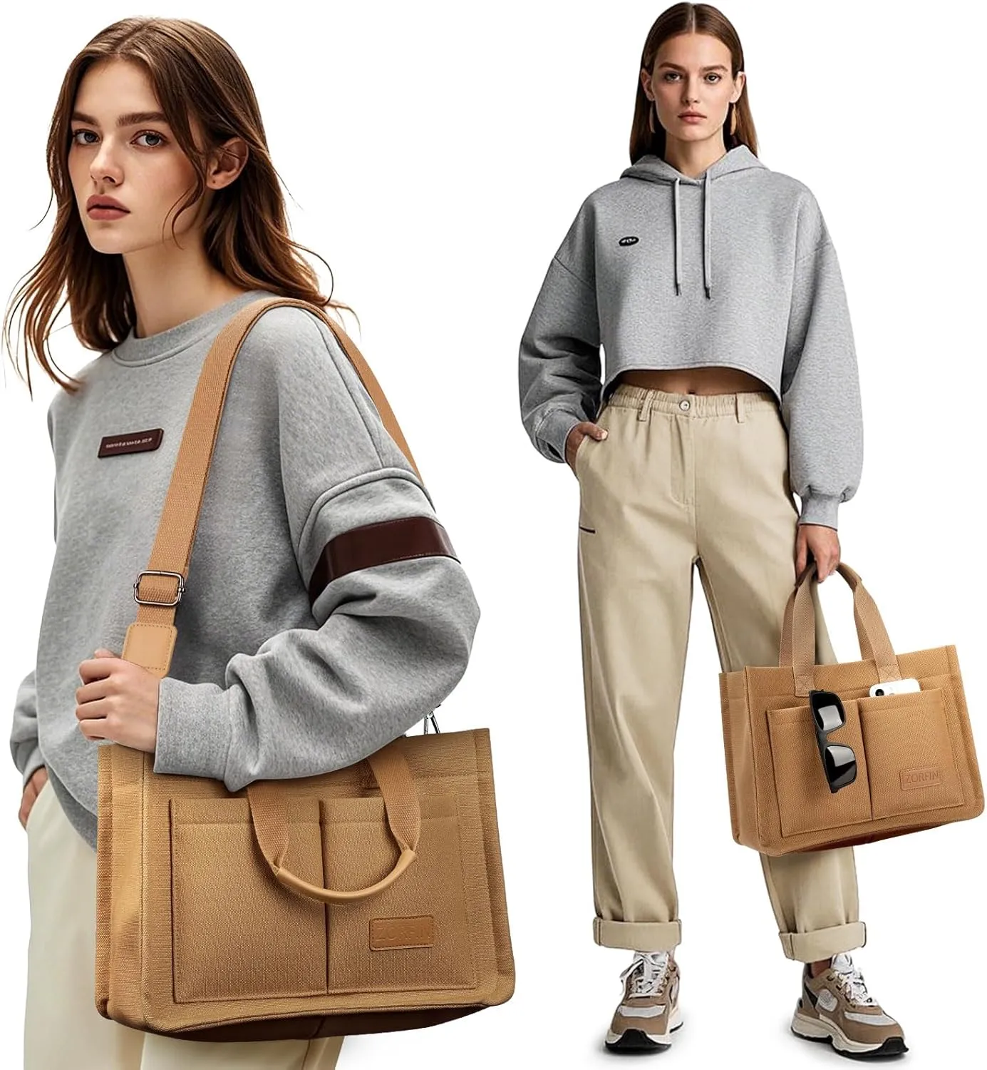 ZORFIN Canvas Tote Bag for Women with Zipper and Compartments Crossbody Work Laptop Bag for Travel College Office